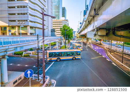 Yokohama cityscape in Japan: View of the rotary exit and ETC entrance from the east exit pedestrian bridge at Yokohama Station 128851500