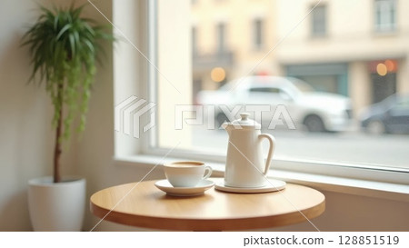 Minimalist coffee shop corner with cappuccino and morning light 128851519