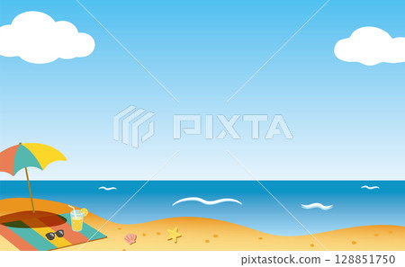 遮陽傘和檸檬水，夏日海濱風景_有背景色02 128851750