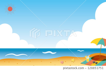 遮陽傘和檸檬水，夏日海濱風景_有背景色01 128851751