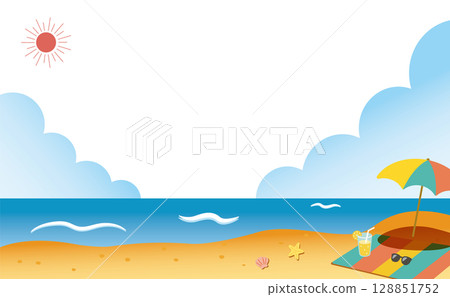 遮陽傘和檸檬水，夏日海濱風景_無背景色01 128851752