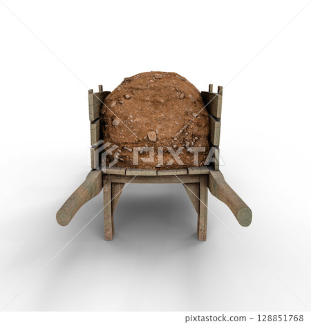 Wooden Wheelbarrow Filled with Rocky Soil Against a White Background. 3D Illustration. File with Clipping Path Wooden Wheelbarrow Filled with Rocky Soil Against a White Background. 3D Illustration. File with Clipping Path 128851768