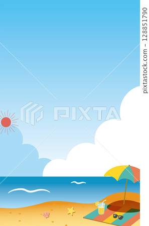遮陽傘和檸檬水，夏日海濱風景_垂直_帶背景顏色 01 128851790