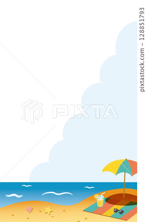 遮陽傘和檸檬水，夏日海濱風景_垂直_無背景顏色 128851793