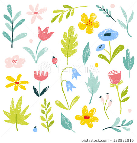 Flower crayon watercolor spring floral set. Hand drawn pastel crayon flower, leaf, plant with chalk texture. Cute nature background for kid, child, garden doodle element design. Vector Flower crayon watercolor spring floral set. Hand drawn pastel crayon flower, leaf, plant with chalk texture. Cute nature background for kid, child, garden doodle element design. Vector 128851816