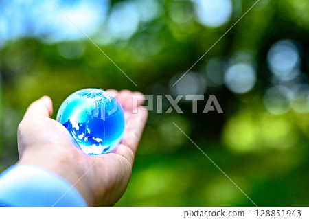 水晶球與美麗的新綠植相映成趣 - 生態圖像 - 深藍色 128851943