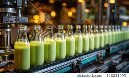Row of glass bottles filled with matcha green tea latte moves along automated bottling line in modern factory setting 128851995