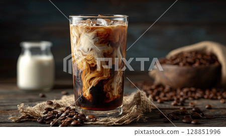 Glass of iced coffee swirled with creamy milk sits on rustic table surrounded by coffee beans, evoking cozy and inviting atmosphere Glass of iced coffee swirled with creamy milk sits on rustic table surrounded by coffee beans, evoking cozy and inviting atmosphere 128851996