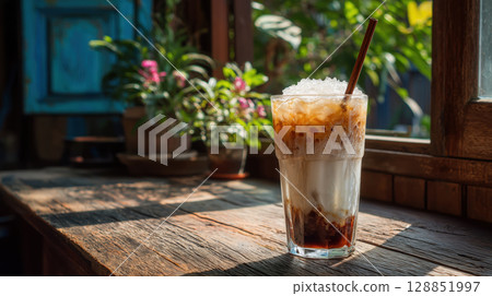 Refreshing glass of Thai iced coffee with creamy sweetened condensed milk sits on rustic local wooden table 128851997