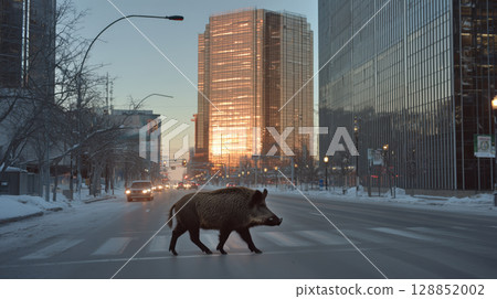 Wild boar crossing snowy city street at dusk, reflecting urban chaos Wild boar crossing snowy city street at dusk, reflecting urban chaos 128852002