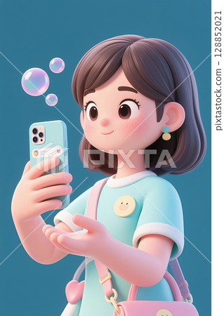 A young girl holding a mobile phone to take a selfie and scrolling through WeChat Moments, illustrated with 3D design 128852021