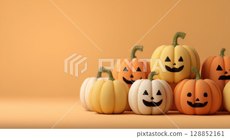 Delightful arrangement of Halloween pumpkins with smiling faces in pastel shades against orange background Delightful arrangement of Halloween pumpkins with smiling faces in pastel shades against orange background 128852161