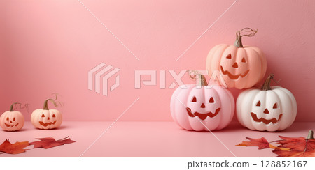 Charming arrangement of pastel Halloween pumpkins with carved faces on pink background, surrounded by autumn leaves Charming arrangement of pastel Halloween pumpkins with carved faces on pink background, surrounded by autumn leaves 128852167