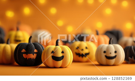 Delightful array of Halloween pumpkins with smiling faces in pastel colors, set against warm, glowing background 128852169