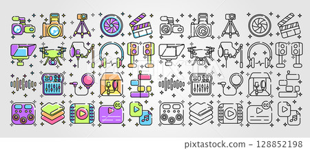 Media icon set presents colorful line art of filming and audio recording equipment icons. Media icon set presents colorful line art of filming and audio recording equipment icons. 128852198