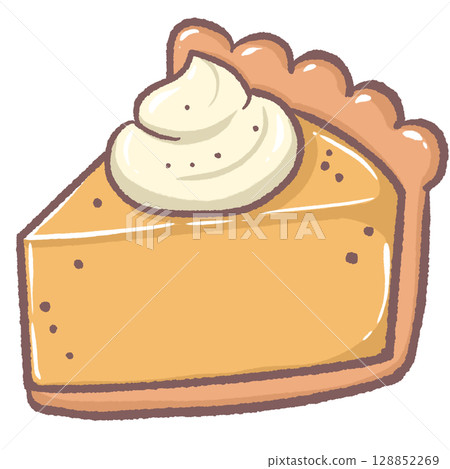 Delicious pumpkin pie with whipped cream topping cozy autumn dessert illustration perfect for Thanksgiving bakery menu seasonal sweet treat fall food art and festive holiday celebration design 128852269
