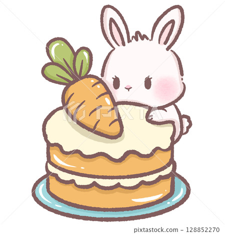 Cute bunny looking at carrot cake from behind cozy dessert scene perfect for bakery themes children books sweet treat illustrations cafe decor food art and adorable animal character designs 128852270