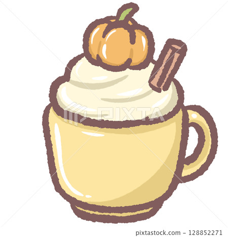 Cozy pumpkin spice latte in warm cup with whipped cream and cinnamon fall seasonal drink illustration perfect for autumn cafe menu festive beverage art Thanksgiving coffee and cozy drink design 128852271