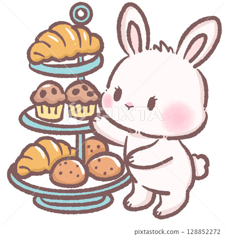 Cute bunny arranging three tier stand with bakery treats croissants and muffins cozy patisserie scene perfect for cafe themes children books brunch decor dessert illustrations and food designs 128852272