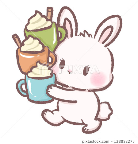 Cute bunny struggling to hold three cups of latte funny cozy cafe scene perfect for children books coffee themes dessert illustrations cute animal character and cozy lifestyle designs 128852273