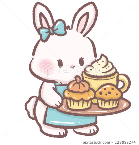 Cute bunny serving a tray with latte and muffins cozy cafe scene perfect for breakfast themes children books brunch illustrations dessert designs warm drink art and bakery food concepts 128852274