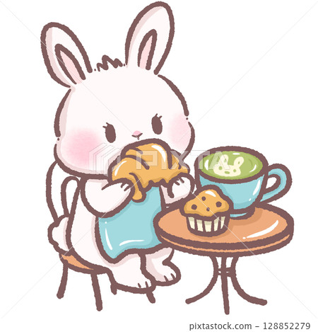 Cute bunny sitting at cafe table eating croissant with matcha latte and muffin cozy breakfast scene perfect for cafe themes children books brunch illustrations dessert and food art designs 128852279
