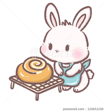 Cute bunny looking at a cinnamon roll on a tray cozy bakery scene perfect for dessert themes children books breakfast illustrations cafe decor sweet pastry art and warm food design ideas 128852280