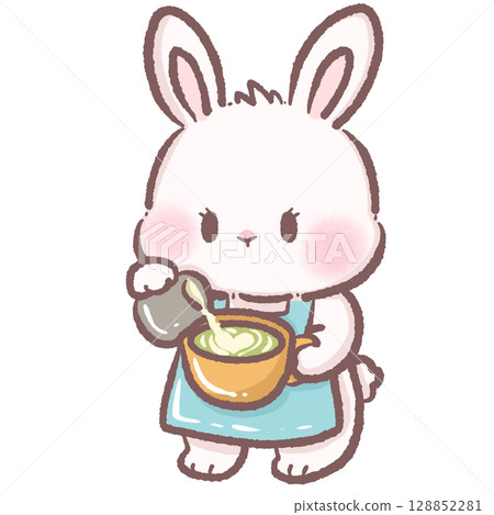 Cute cartoon bunny making foam on matcha latte kawaii white rabbit barista character preparing green tea drink cozy cafe illustration perfect for tea shop beverage art and latte foam making scene 128852281
