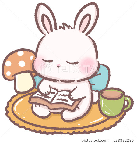 Cute bunny reading in a cozy corner with mushroom plushie and books warm cottagecore scene perfect for children books autumn illustrations cozy room decor storytelling and reading themes Cute bunny reading in a cozy corner with mushroom plushie and books warm cottagecore scene perfect for children books autumn illustrations cozy room decor storytelling and reading themes 128852286
