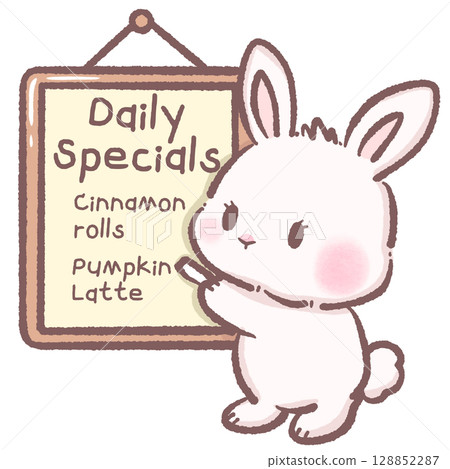 Cute cartoon bunny pointing at cafe daily specials sign cinnamon rolls and pumpkin latte kawaii white rabbit character cozy autumn bakery illustration perfect for fall cafe menu and dessert theme 128852287