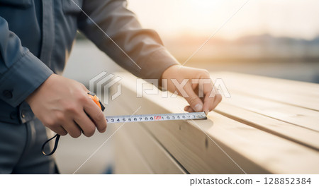 Workers performing measurement work at a construction site 128852384