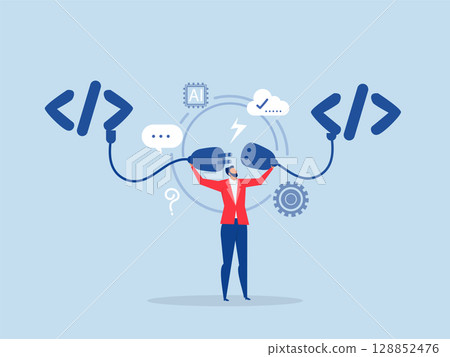 API or Application Programming Interface , Programmer Establishes Connection Between Coding Programs connect socket between coding program vector 128852476