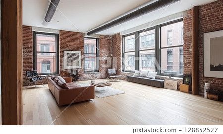 A minimalist apartment with industrial accents, exposed pipes, and large windows. . 128852527