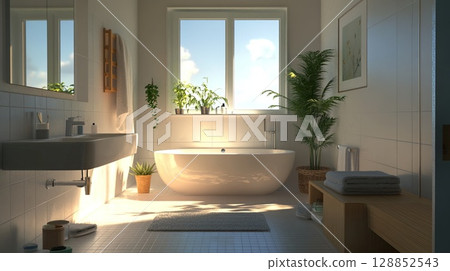A clean, minimalist bathroom with eco-friendly toiletries and natural lighting. . 128852543