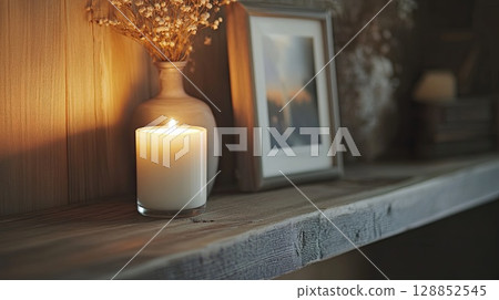 Framed photo and burning candle on wooden shelf . 128852545