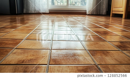 Old tile floor being replaced with new laminate . Old tile floor being replaced with new laminate . 128852566