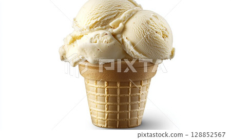 Ice cream cone with two scoops melting slightly isolated on white background . 128852567