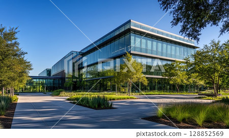 A sleek modern glass building surrounded by tall green trees and open spaces. . A sleek modern glass building surrounded by tall green trees and open spaces. . 128852569