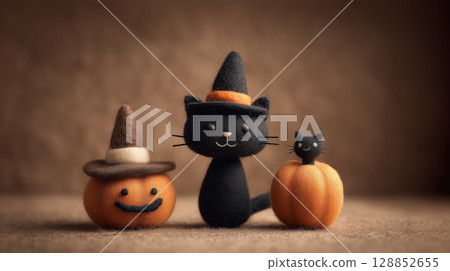 Felt cat and pumpkins in witch hats create charming Halloween scene 128852655