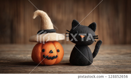 Felt pumpkin with witch hat and black cat create charming Halloween scene 128852656