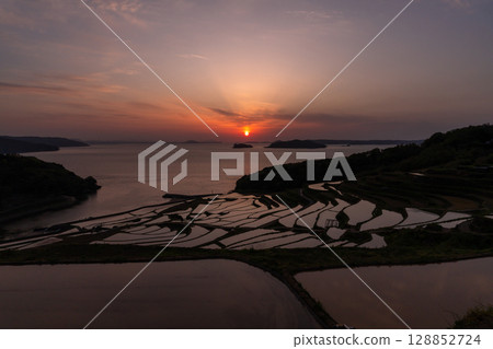 Nagasaki Prefecture: Tsuchiya rice terraces at dusk - a pristine Japanese landscape Nagasaki Prefecture: Tsuchiya rice terraces at dusk - a pristine Japanese landscape 128852724