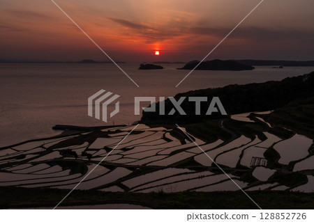 Nagasaki Prefecture: Tsuchiya rice terraces at dusk - a pristine Japanese landscape Nagasaki Prefecture: Tsuchiya rice terraces at dusk - a pristine Japanese landscape 128852726