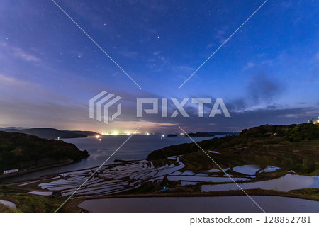 Nagasaki Prefecture: Tsuchiya rice terraces at dusk - a pristine Japanese landscape Nagasaki Prefecture: Tsuchiya rice terraces at dusk - a pristine Japanese landscape 128852781