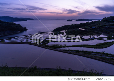 Nagasaki Prefecture: Tsuchiya rice terraces at dusk - a pristine Japanese landscape Nagasaki Prefecture: Tsuchiya rice terraces at dusk - a pristine Japanese landscape 128852789