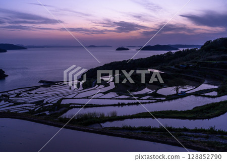 Nagasaki Prefecture: Tsuchiya rice terraces at dusk - a pristine Japanese landscape Nagasaki Prefecture: Tsuchiya rice terraces at dusk - a pristine Japanese landscape 128852790