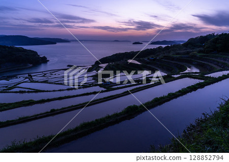 Nagasaki Prefecture: Tsuchiya rice terraces at dusk - a pristine Japanese landscape Nagasaki Prefecture: Tsuchiya rice terraces at dusk - a pristine Japanese landscape 128852794