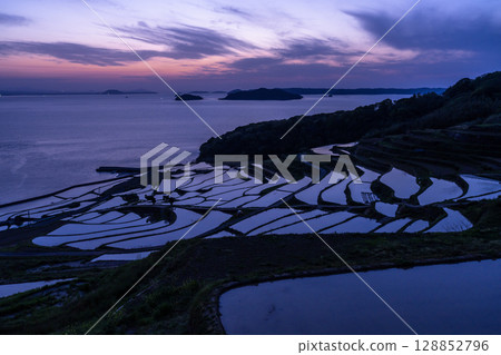 Nagasaki Prefecture: Tsuchiya rice terraces at dusk - a pristine Japanese landscape Nagasaki Prefecture: Tsuchiya rice terraces at dusk - a pristine Japanese landscape 128852796