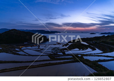 Nagasaki Prefecture: Tsuchiya rice terraces at dusk - a pristine Japanese landscape Nagasaki Prefecture: Tsuchiya rice terraces at dusk - a pristine Japanese landscape 128852807