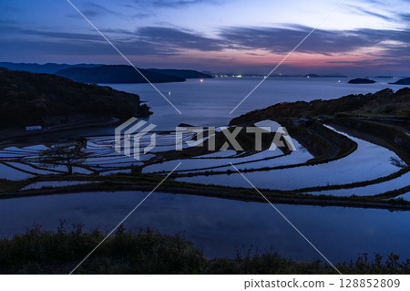 Nagasaki Prefecture: Tsuchiya rice terraces at dusk - a pristine Japanese landscape Nagasaki Prefecture: Tsuchiya rice terraces at dusk - a pristine Japanese landscape 128852809