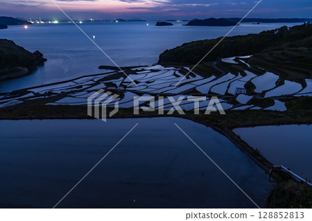 Nagasaki Prefecture: Tsuchiya rice terraces at dusk - a pristine Japanese landscape Nagasaki Prefecture: Tsuchiya rice terraces at dusk - a pristine Japanese landscape 128852813